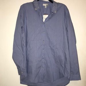 Blue & white Striped Pearl Button up